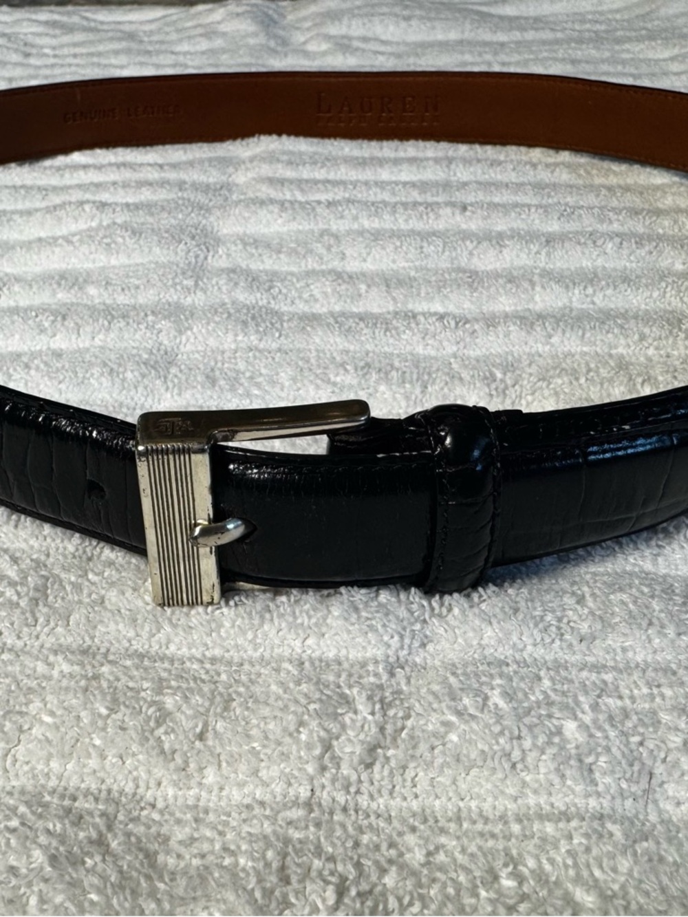 Lauren Ralph Lauren Black Croc-Embossed Leather Belt with Silver Buckle